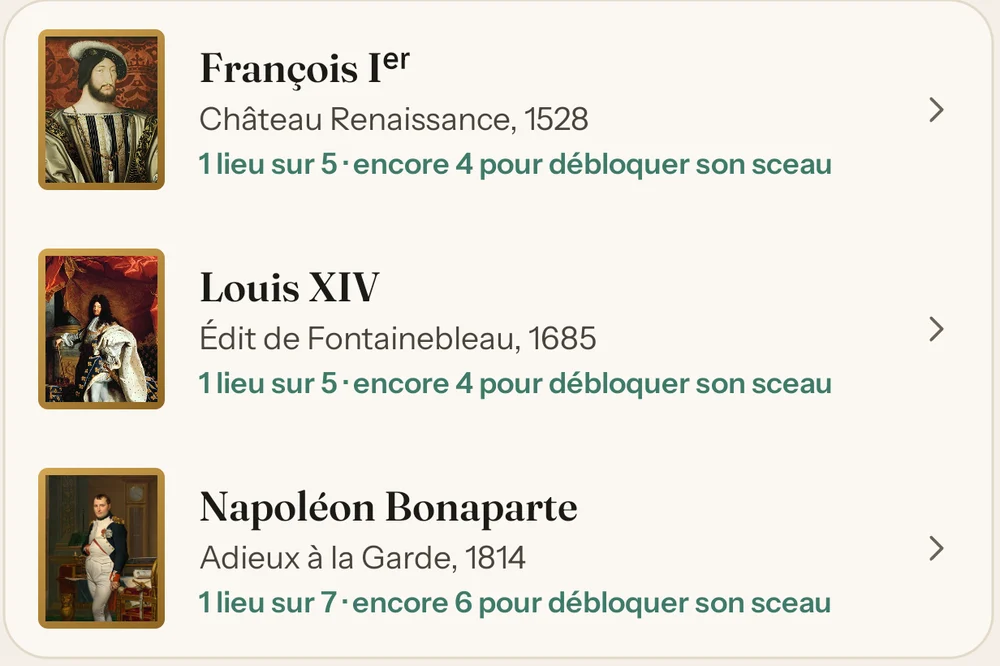 La section « Ils sont passés ici » du château de Fontainebleau dans Mysthory : François Iᵉʳ, Louis XIV et Napoléon Bonaparte, avec l'avancement vers leur sceau.